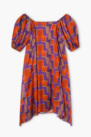 VESTIDO MANGAS ABULLONADAS NARANJA MORADO